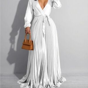 SHEIN White Pleated Wrap Maxi Dress with Tie Waist